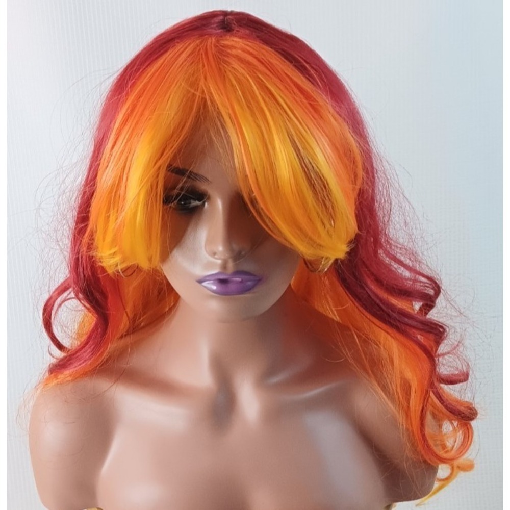 Women's Cosplay Wavy Long synthetic layered deep red orange Bang hair wig 23"